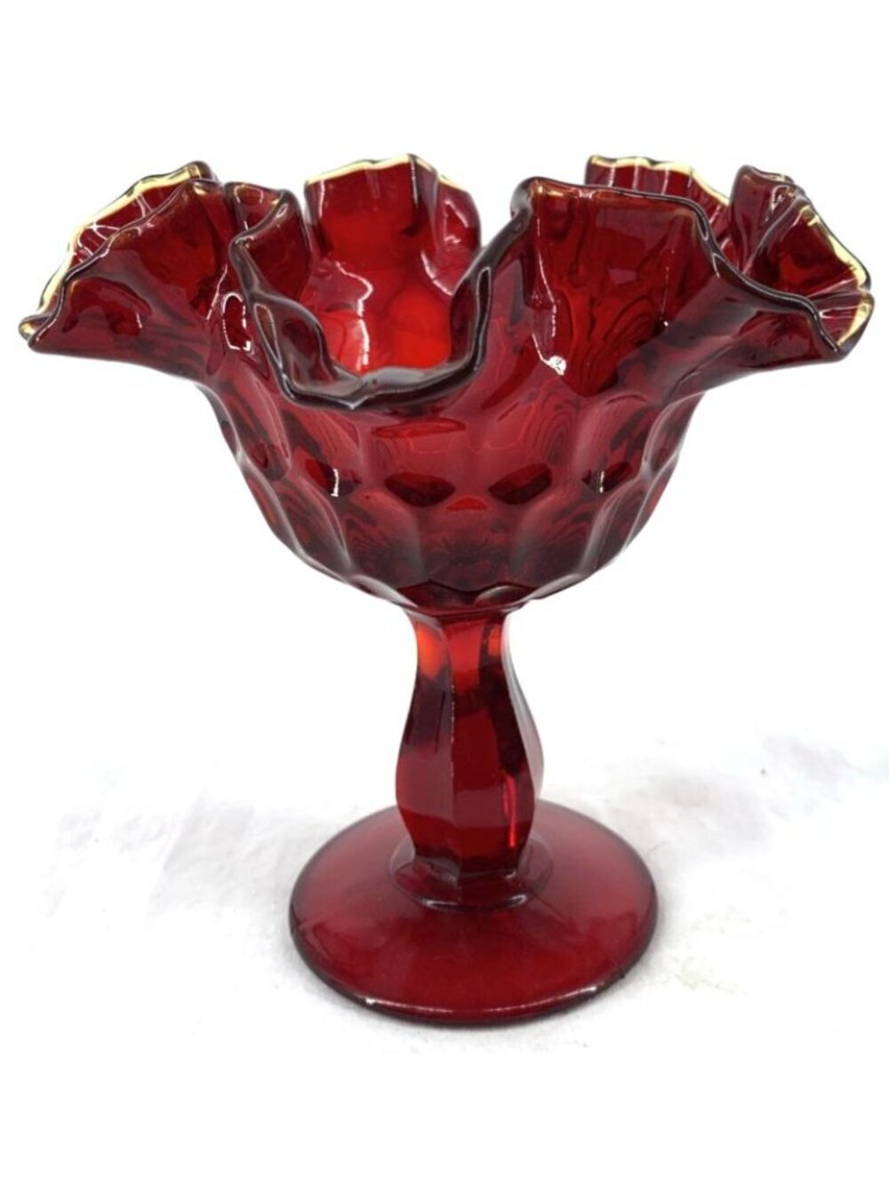 Fenton Ruby Red Glass Candy Bowl Dish Pedestal Base Thumbprint Ruffled Edge